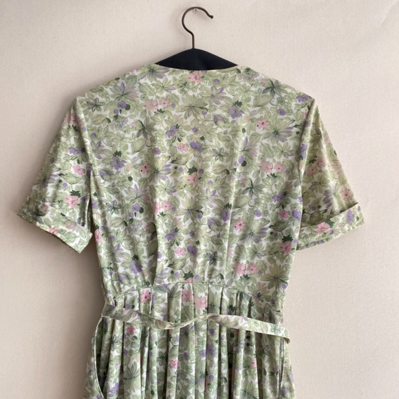 Vintage 1960s/50s Shelton Stroller Green Floral Belted Circle Skirt Dress M/L - Picture 9 of 15